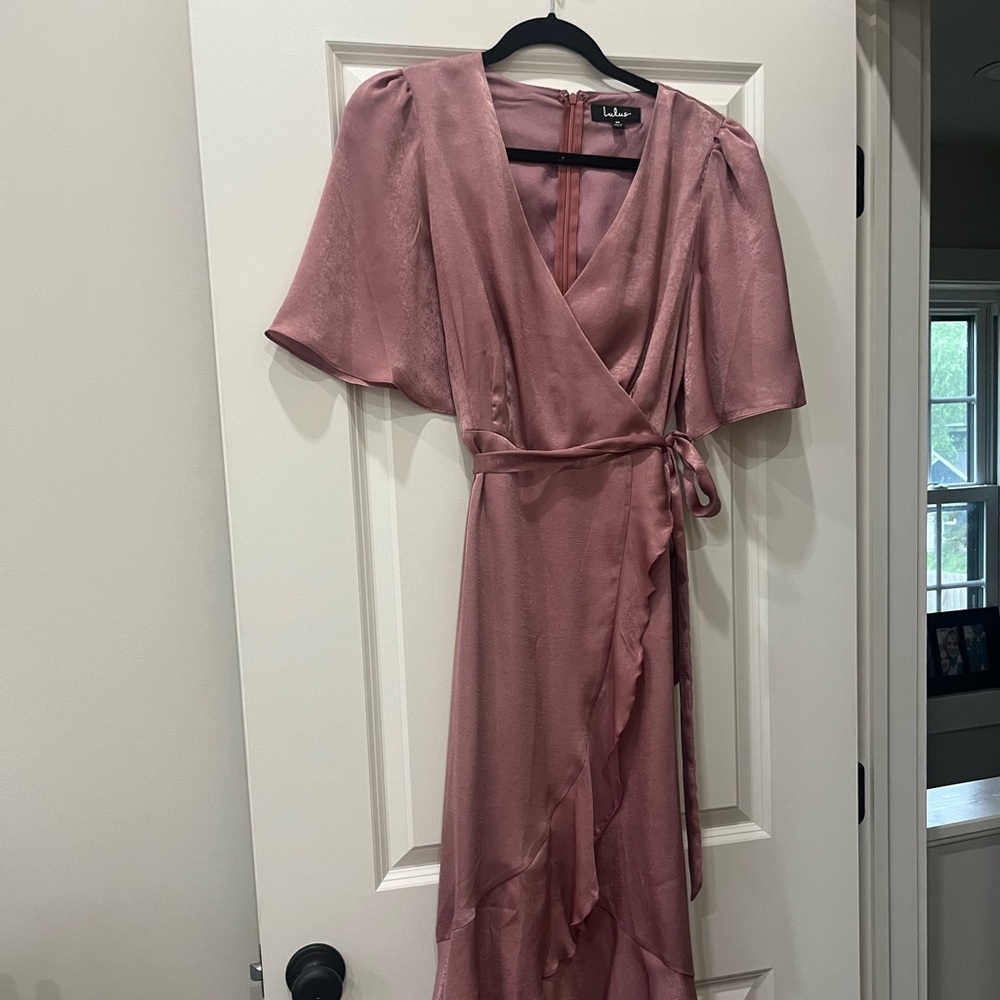 Lulu's Dusty Rose Satin Wrap Midi Dress